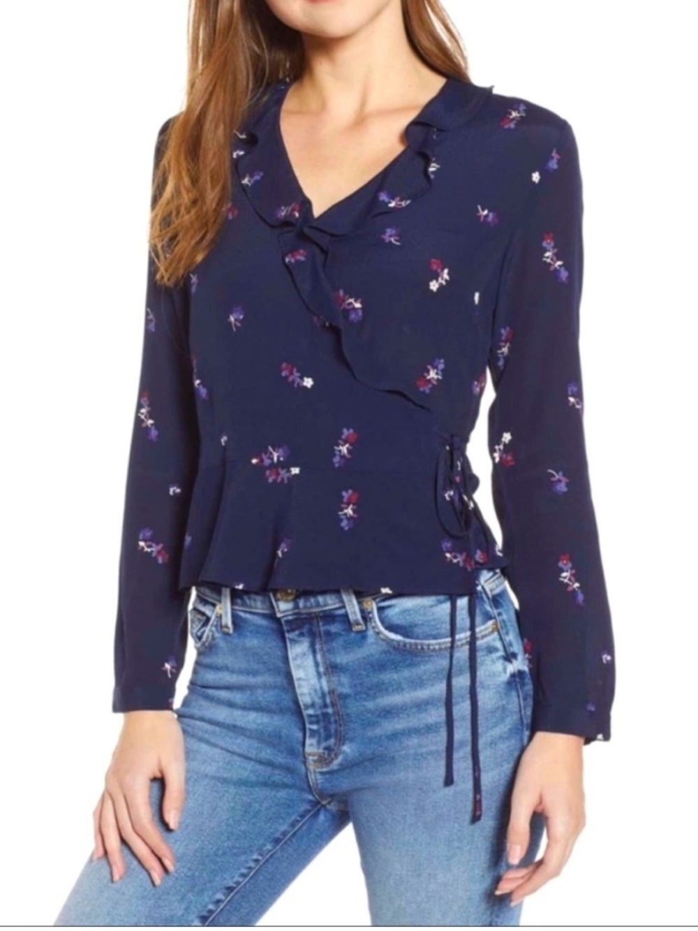 Rails Simone Navy Blue Floral Ruffle Wrap Blouse Long Sleeve Top M Medium Pink